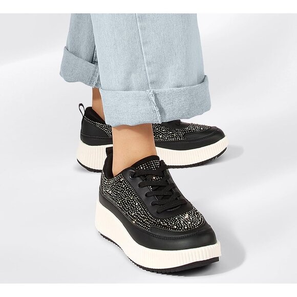 Lucky Step Women Black Rhinestone Sparkly Chunky Retro Braided Casual Sneakers - Picture 7 of 9